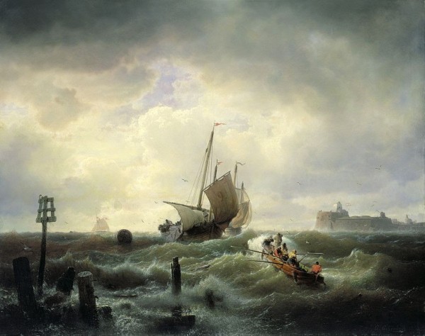 Boats in storm by Andreas Achenbach